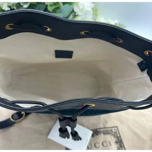 Women's Gucci OPHIDIA blue velvet bucket bag with leather trim, and web stripe - Picture 9 of 16